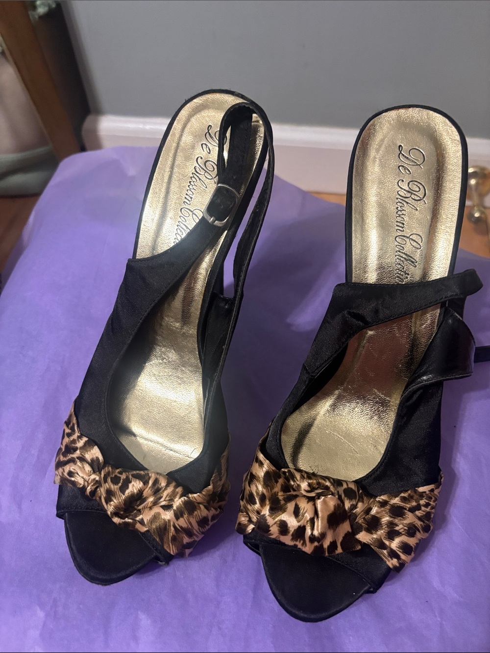 De Blossom Collection Black Slingback Heels with Leopard Bow